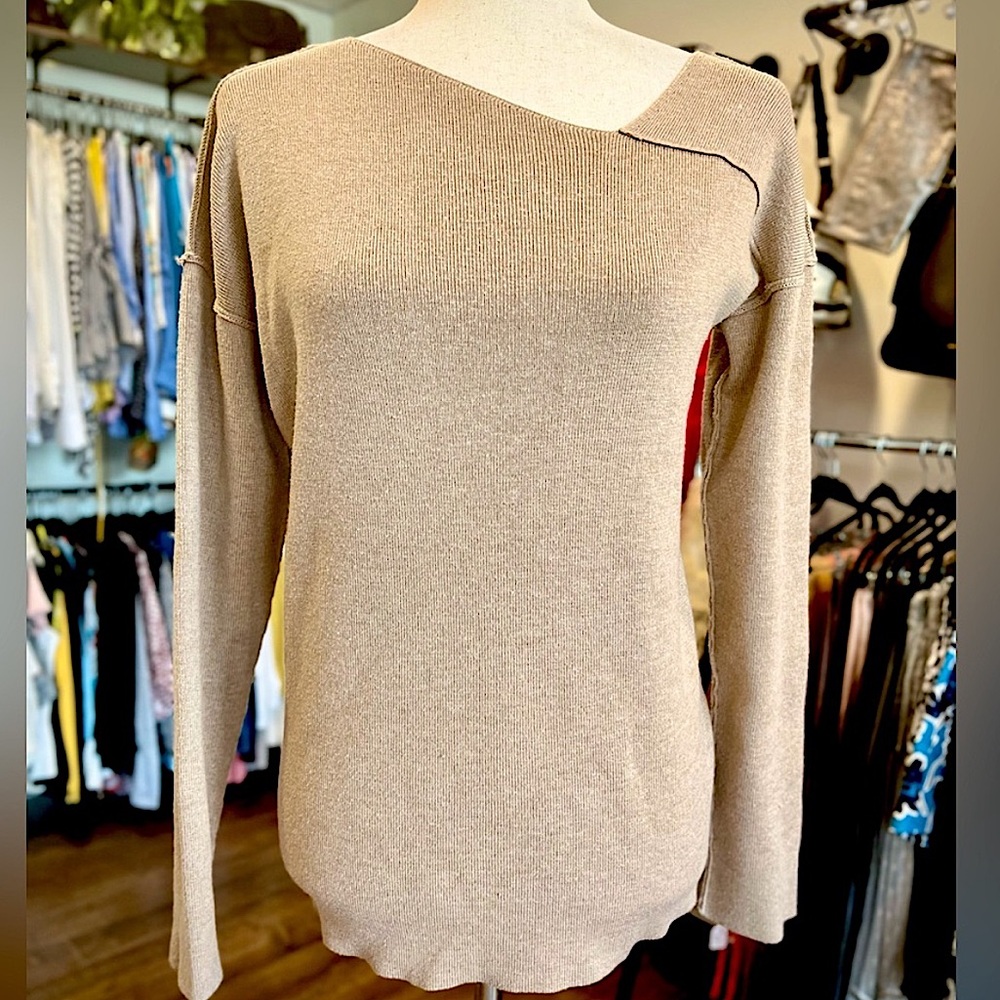 *SOLD* NWOT Hem & Thread 'Self' Wool Blend Off Center V-Neck Sweater in Tan